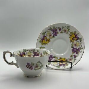 Vintage Crown Staffordshire England Pansies Bone China Demi Teacup‎ & Saucer